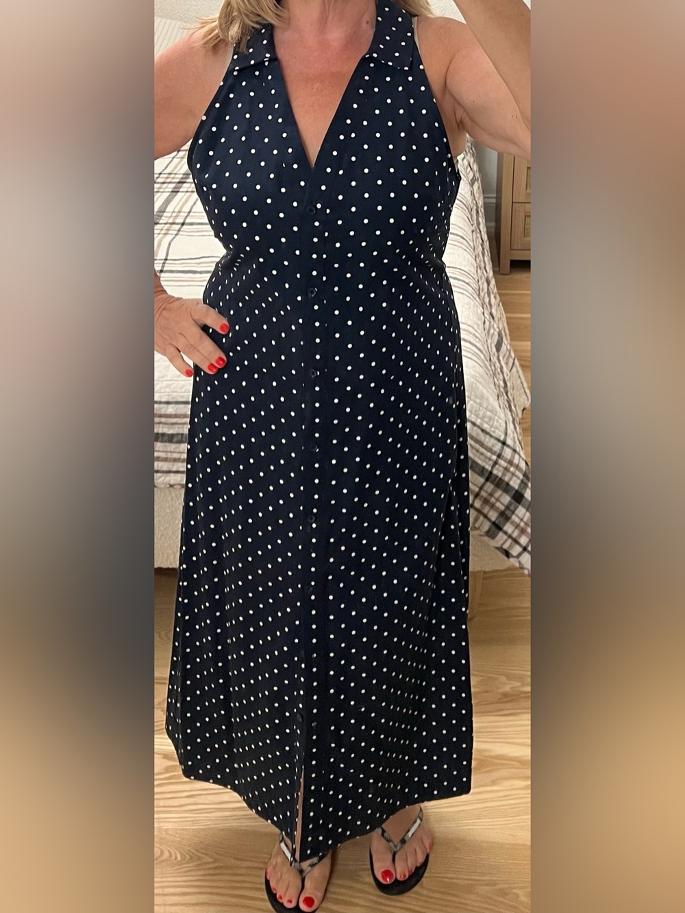 Maeve Anthropologie Navy and White Polka Dot A-Line Maxi dress Size L